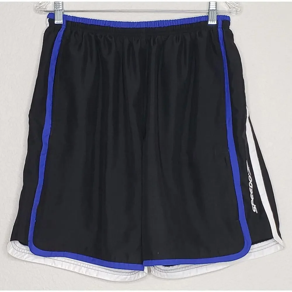 Speedo Mens Swim Trunks Large Black White Blue Built‎ In Brief 9” Inseam Pockets